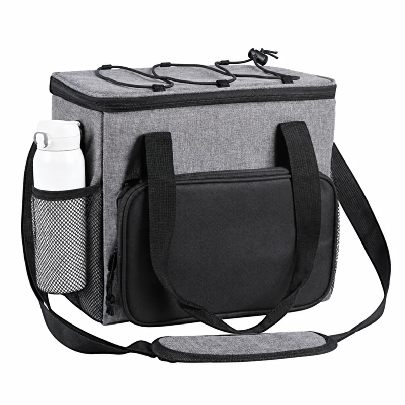 Bolsa térmica gris para pícnic con bolsillos para botellas