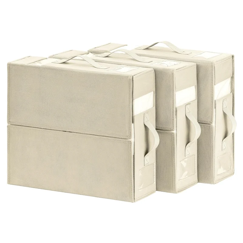 Beige foldable bed sheet organizers with fabric handles and label panels