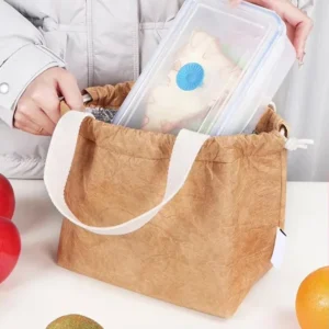 Bolsa para comida de aspecto de papel kraft con cordón, uso con recipientes de comida