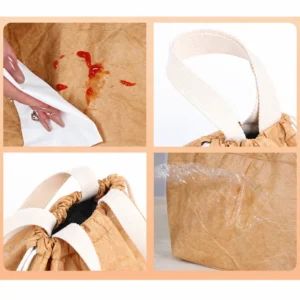 Bolsa para comida de aspecto de papel kraft con cordón, detalles del cordón y el asa