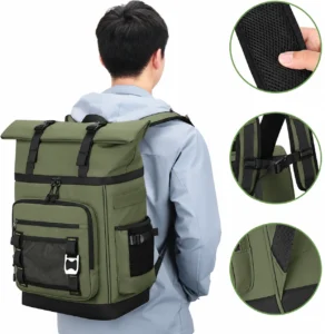 Mochila térmica con cierre enrollable, correas acolchadas y uso al aire libre