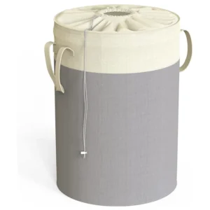 Grey round drawstring hamper
