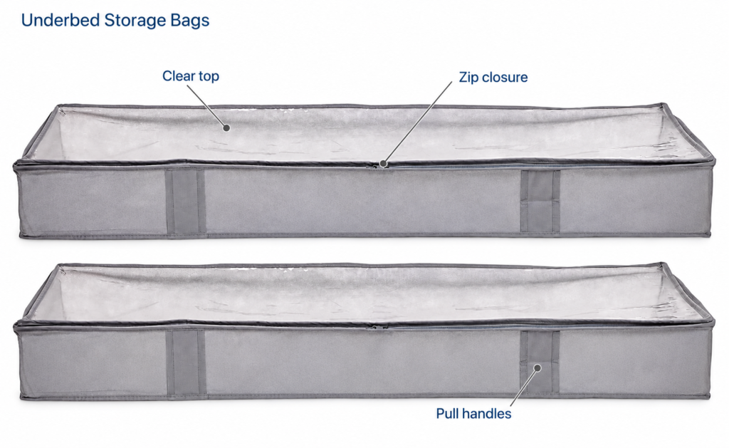 Clear-Top Underbed Bag Set — Light Gray — Clear top, Zip closure, Pull handles