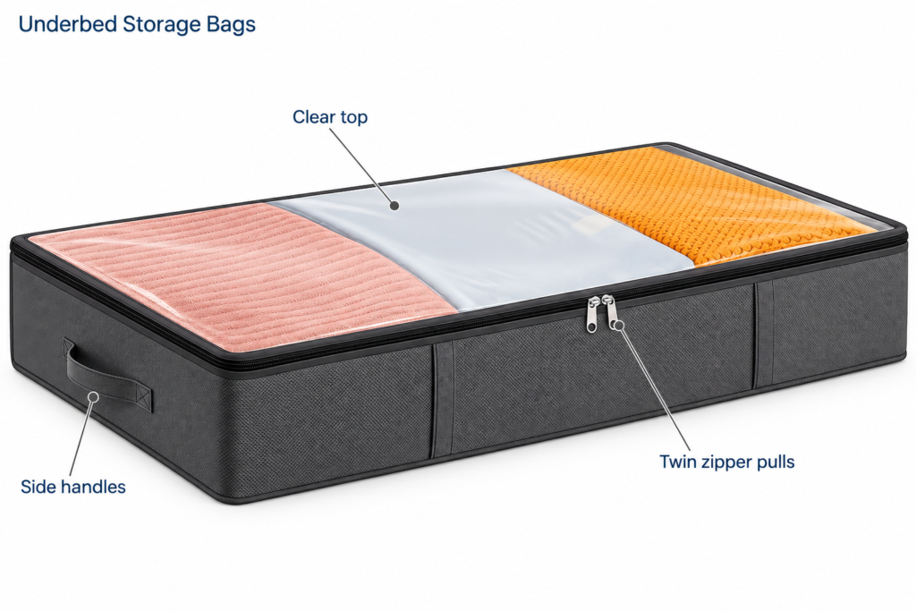 Clear-Top Underbed Bag Set — Dark Gray — Clear top, Side handles, Twin zipper pulls