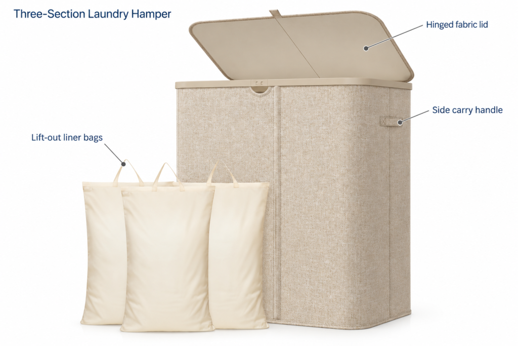 Three-Section Lidded Laundry Hamper — Lift-out liner bags, Hinged fabric lid, Side carry handle