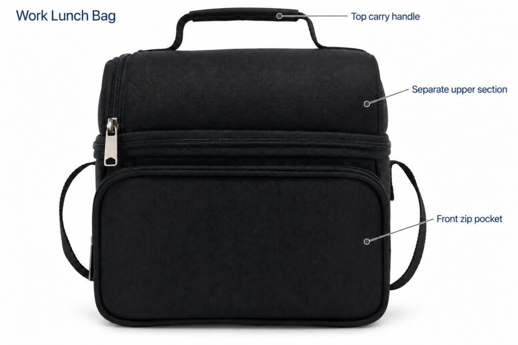 Domed Work Lunch Bag — Top carry handle, Front zip pocket, Separate upper section
