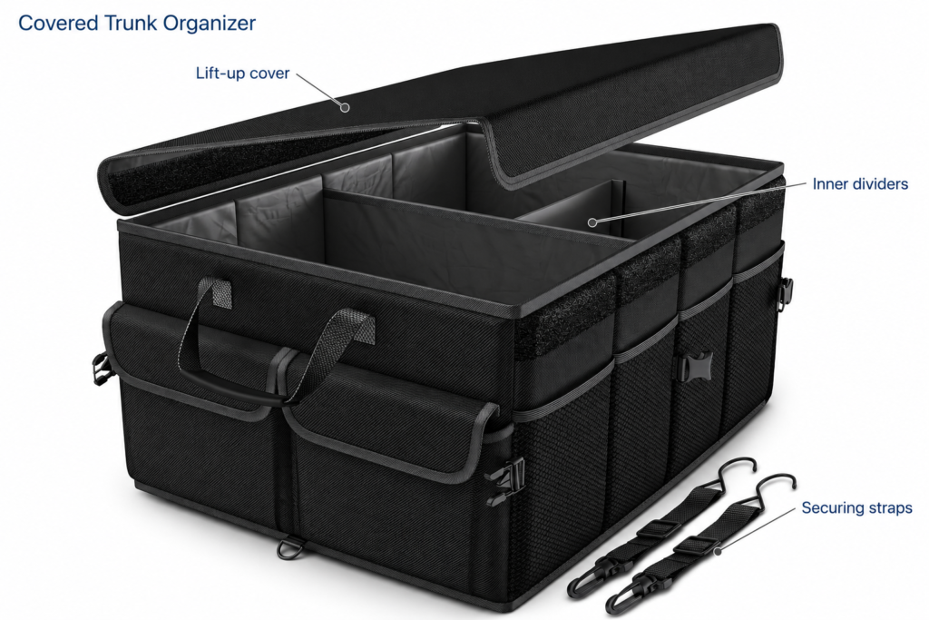 Covered Trunk Organizer with Securing Straps — Lift-up cover, Inner dividers, Securing straps