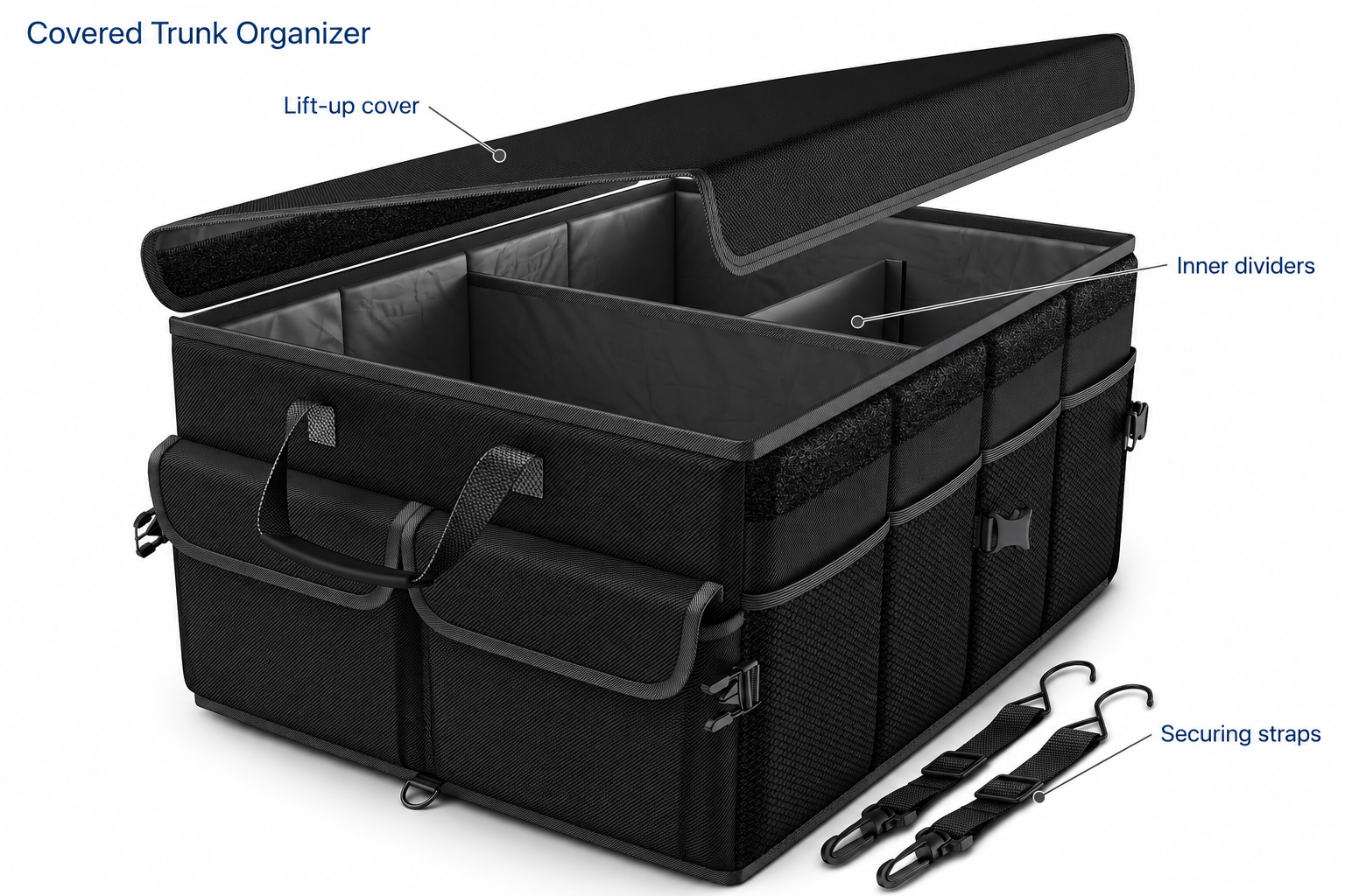 Organizador de maletero con tapa y correas de sujeción