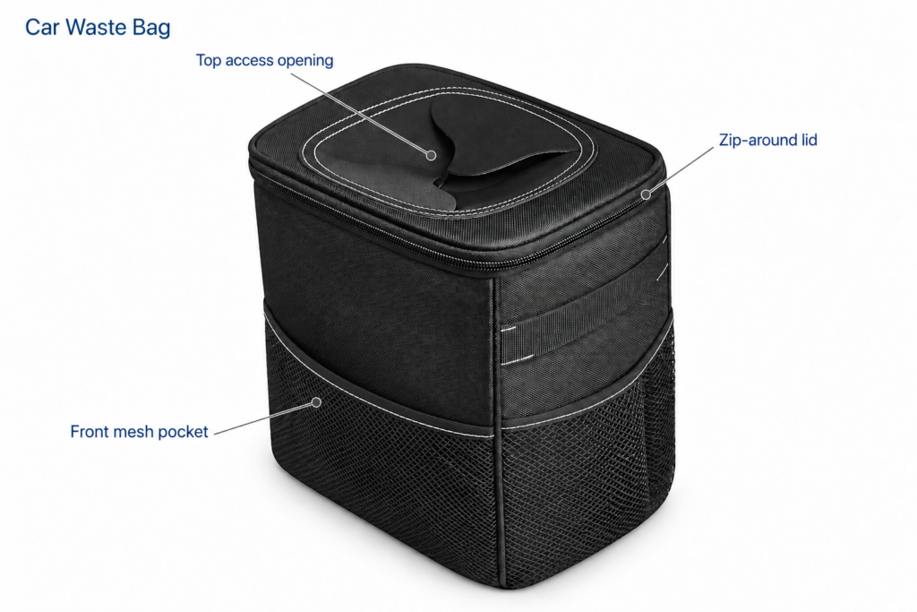 Car Waste Bag with Mesh Pocket — Top access opening, Front mesh pocket, Zip-around lid