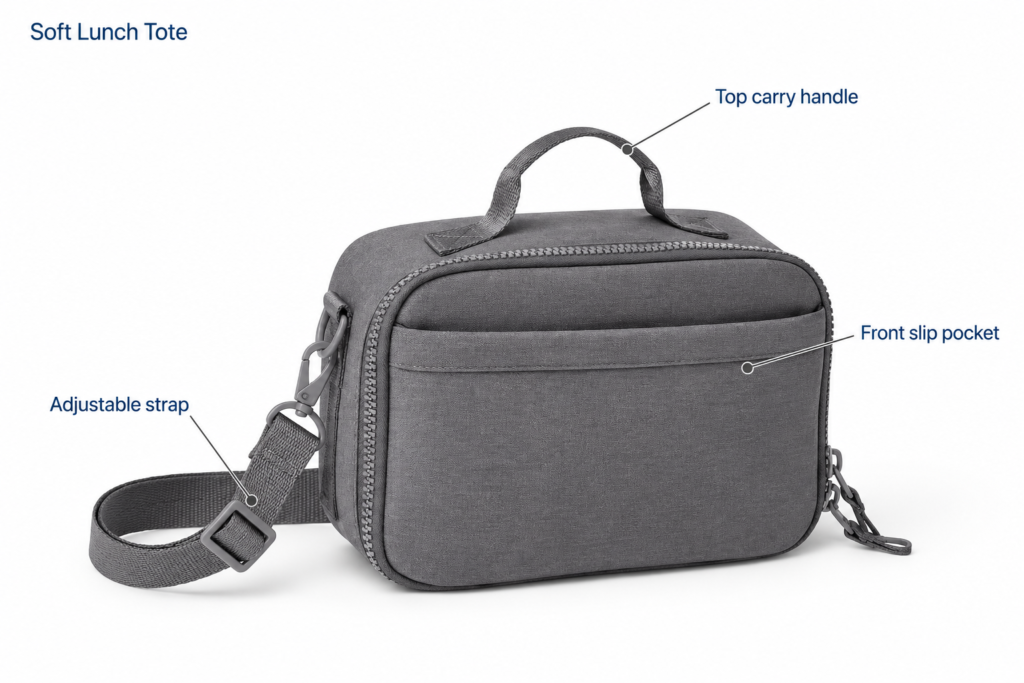 Soft Lunch Tote with Adjustable Strap — Top carry handle, Front slip pocket, Adjustable strap