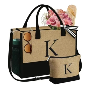 Jute trimmed tote and pouch