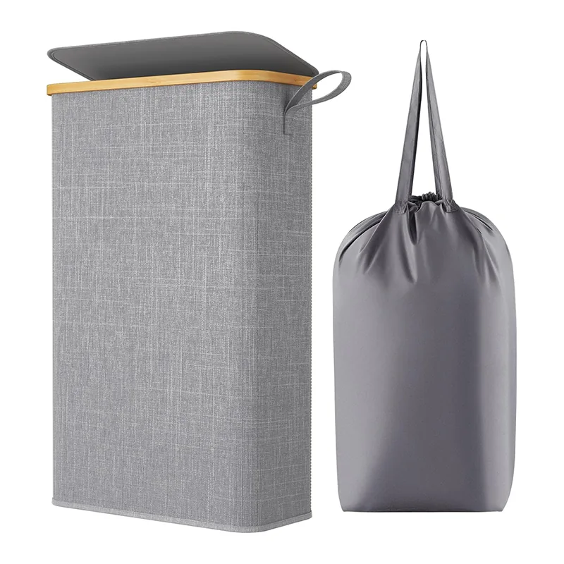 Single Compartment Framed Laundry Hamper, grey hamper and inner bag