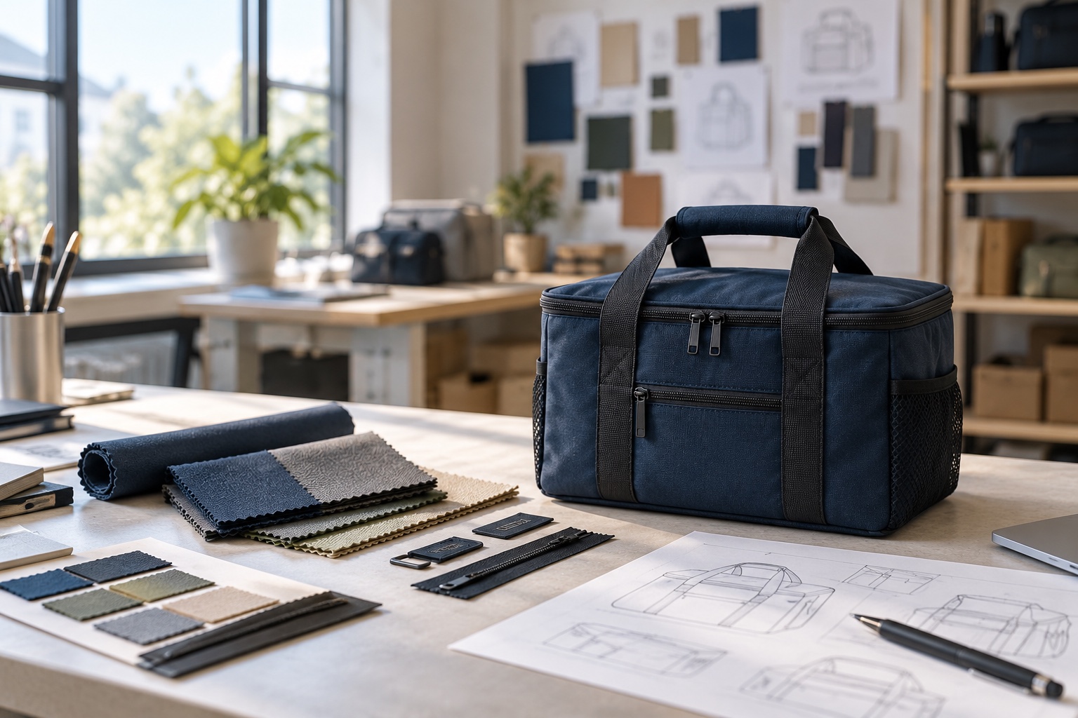 Navy cooler bag, fabric swatches and design drawings in a sampling scene illustration