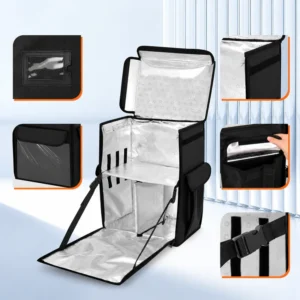 Bolsa térmica de reparto tipo caja con acceso frontal, compartimentos y correas