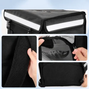 Bolsa térmica de reparto tipo caja con acceso frontal, detalles de la abertura y los bolsillos